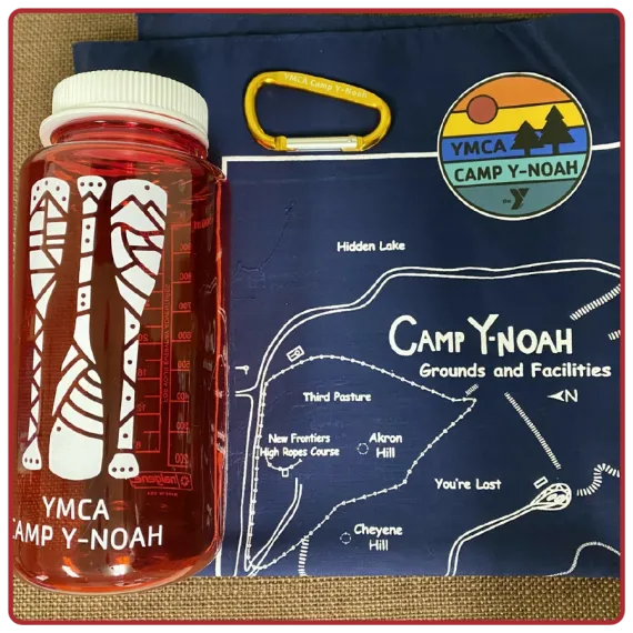 water bottle, bandana, carabiner, and sticker
